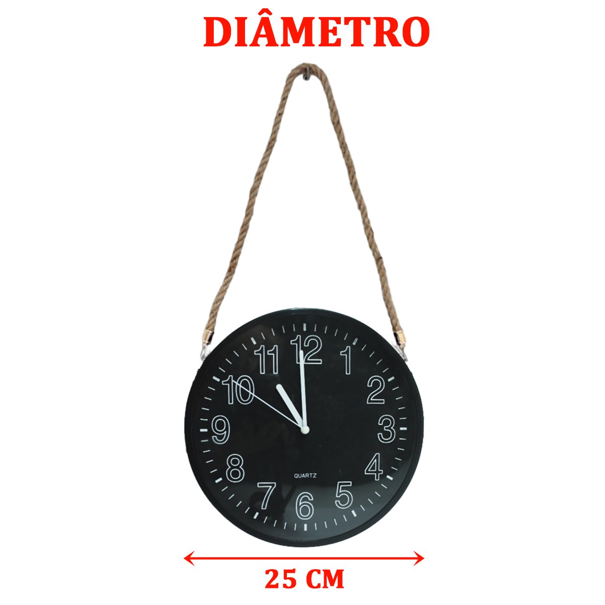 Relógio De Parede Black Quartz Redondo Com Corda De Sisal