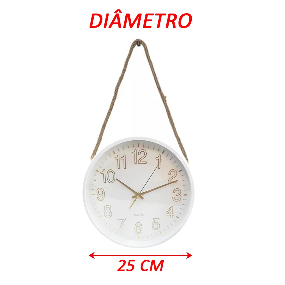 Relógio De Parede Branco Quartz Redondo Com Corda De Sisal