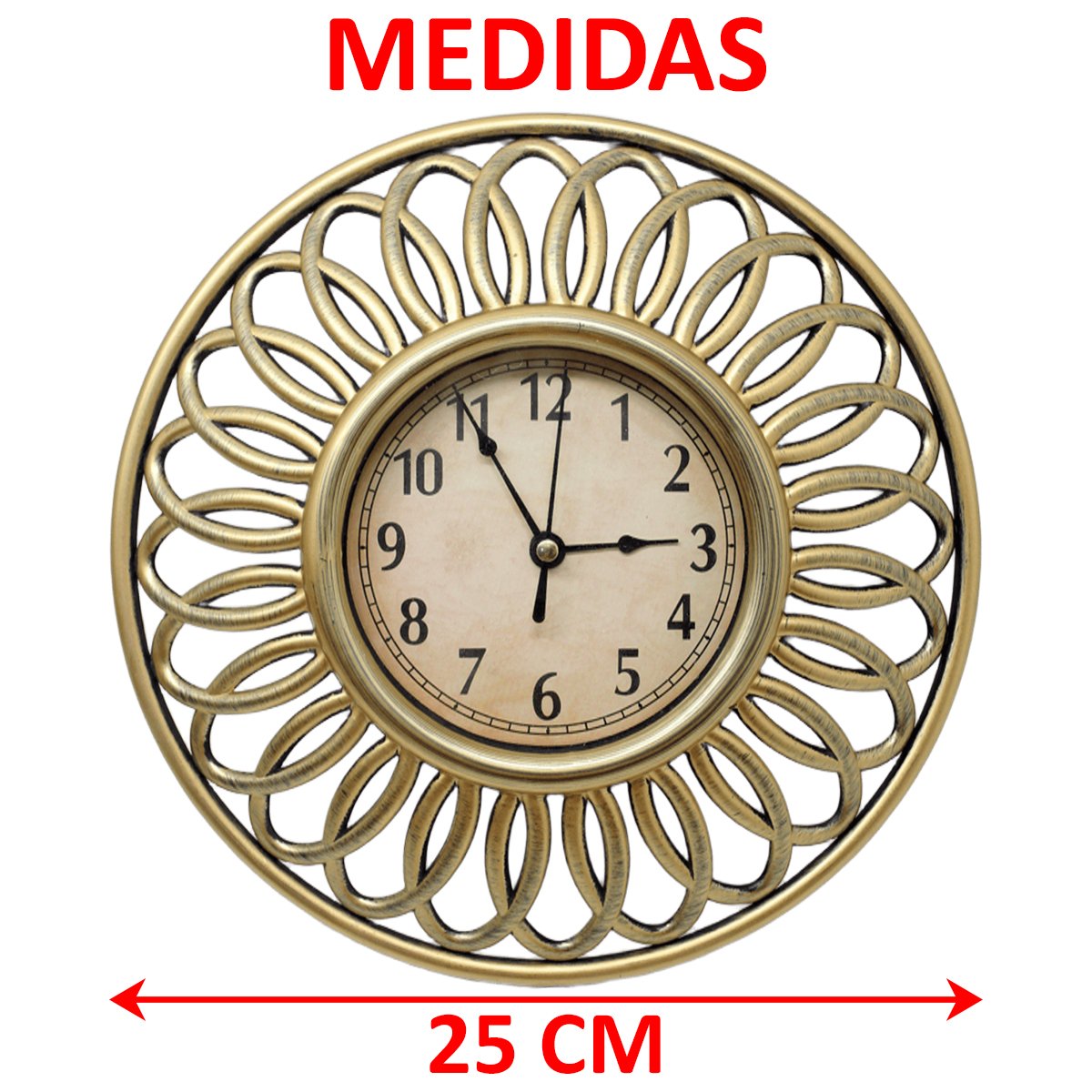 Relógio De Parede Redondo Vazado Dourado Decoração 3D 25cm