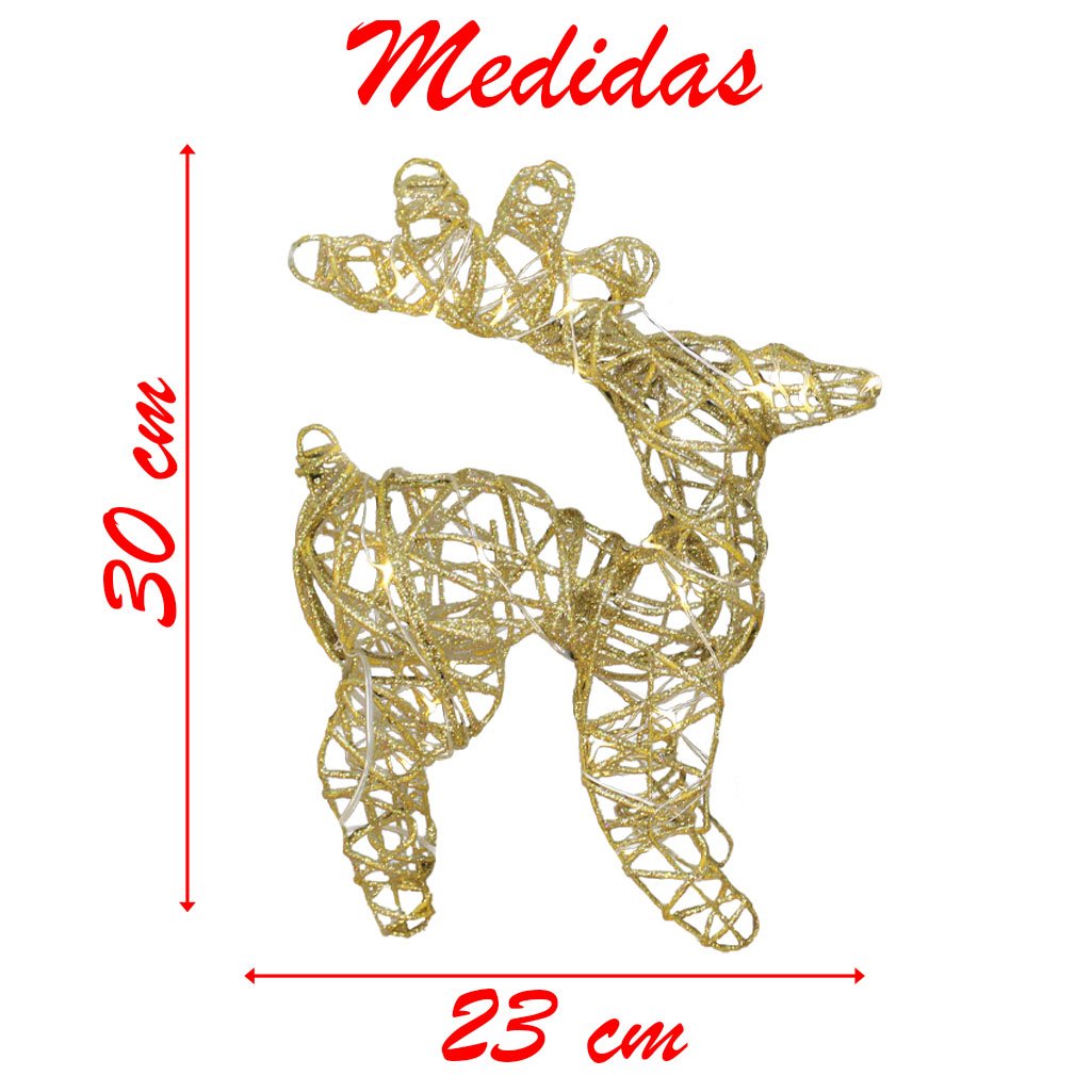 Rena Aramada Natal Iluminada 30 Led Dourada Com Glitter 30cm