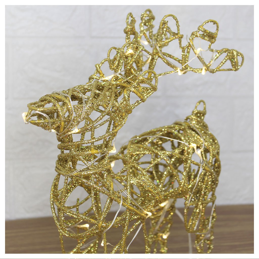 Rena Aramada Natal Iluminada 30 Led Dourada Com Glitter 30cm