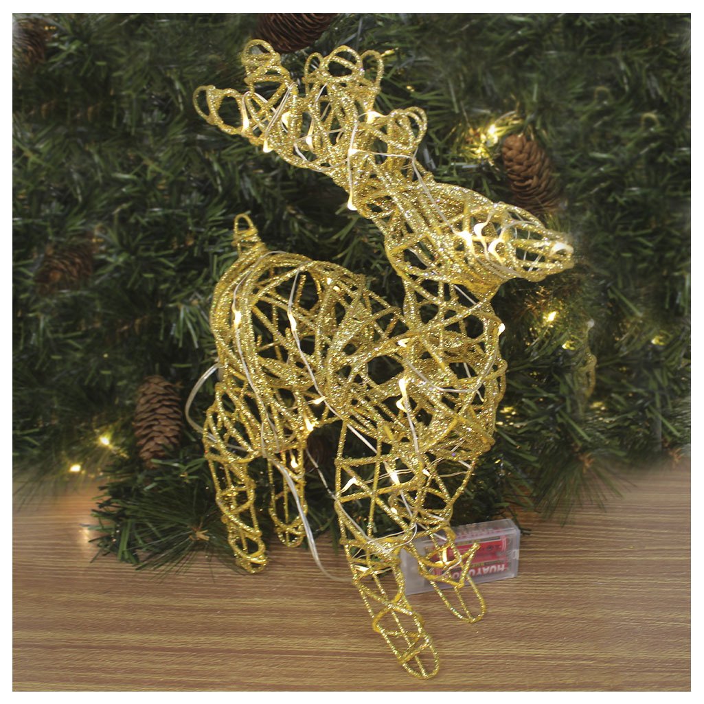 Rena Aramada Natal Iluminada 30 Led Dourada Com Glitter 30cm
