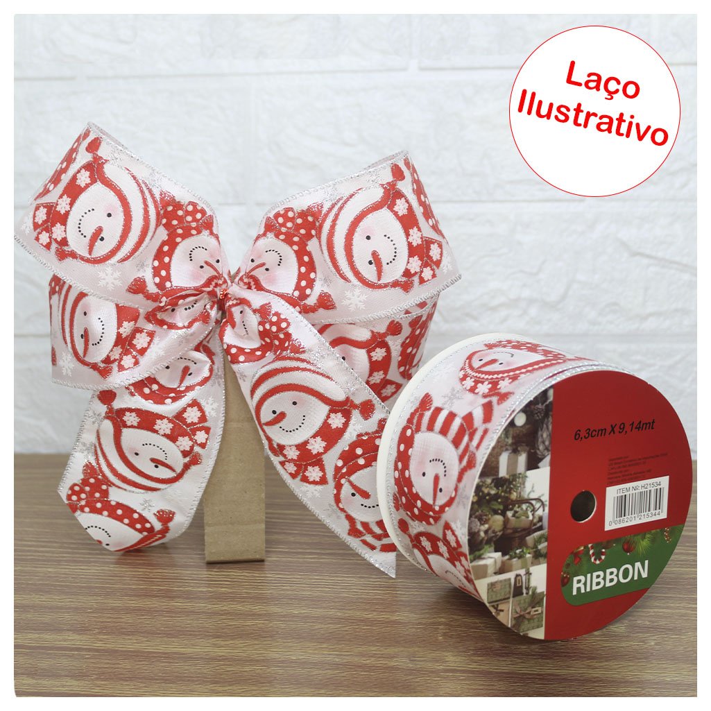 Rolo Fita Aramada Natal Boneco De Neve Decoração Natalina 6,3cm x 9,14m