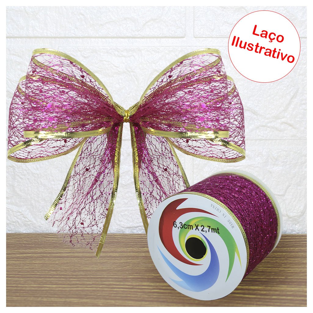 Rolo Fita Rosa Aramada Natal Decoração Natalina 6,3cm x 2,70m