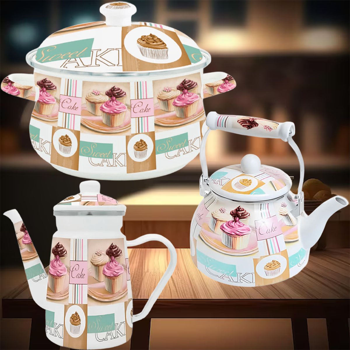 Trio Panela Chaleira Bule Cake Esmaltados À Indução Vintage