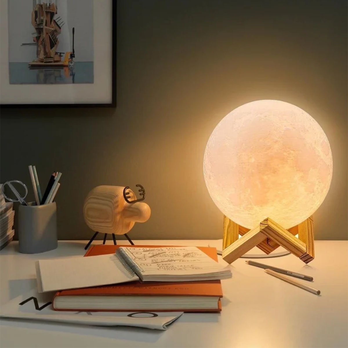 Umidificador Ambiente Lua Cheia LEDs Multicores Suporte 14cm
