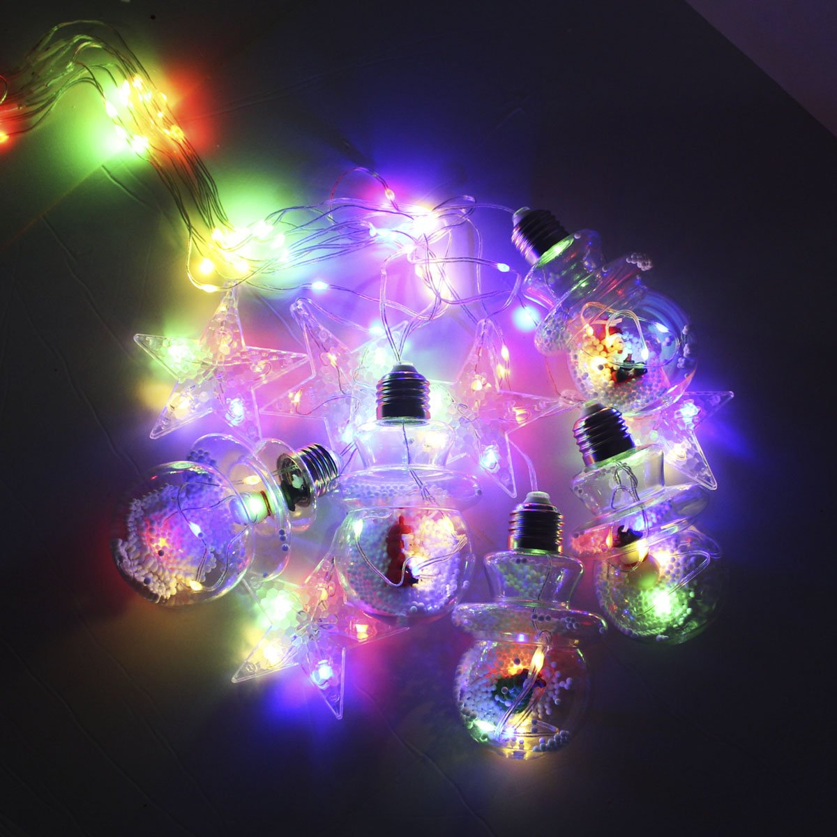 Varal Pisca Decoração Bolas E Estrelas Natal LED Colorido 3m