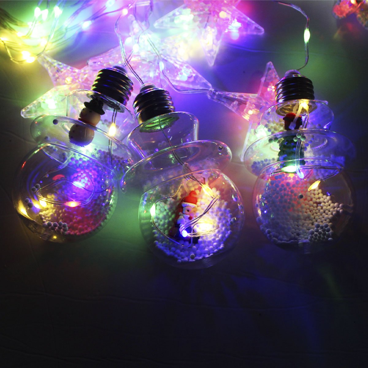 Varal Pisca Decoração Bolas E Estrelas Natal LED Colorido 3m