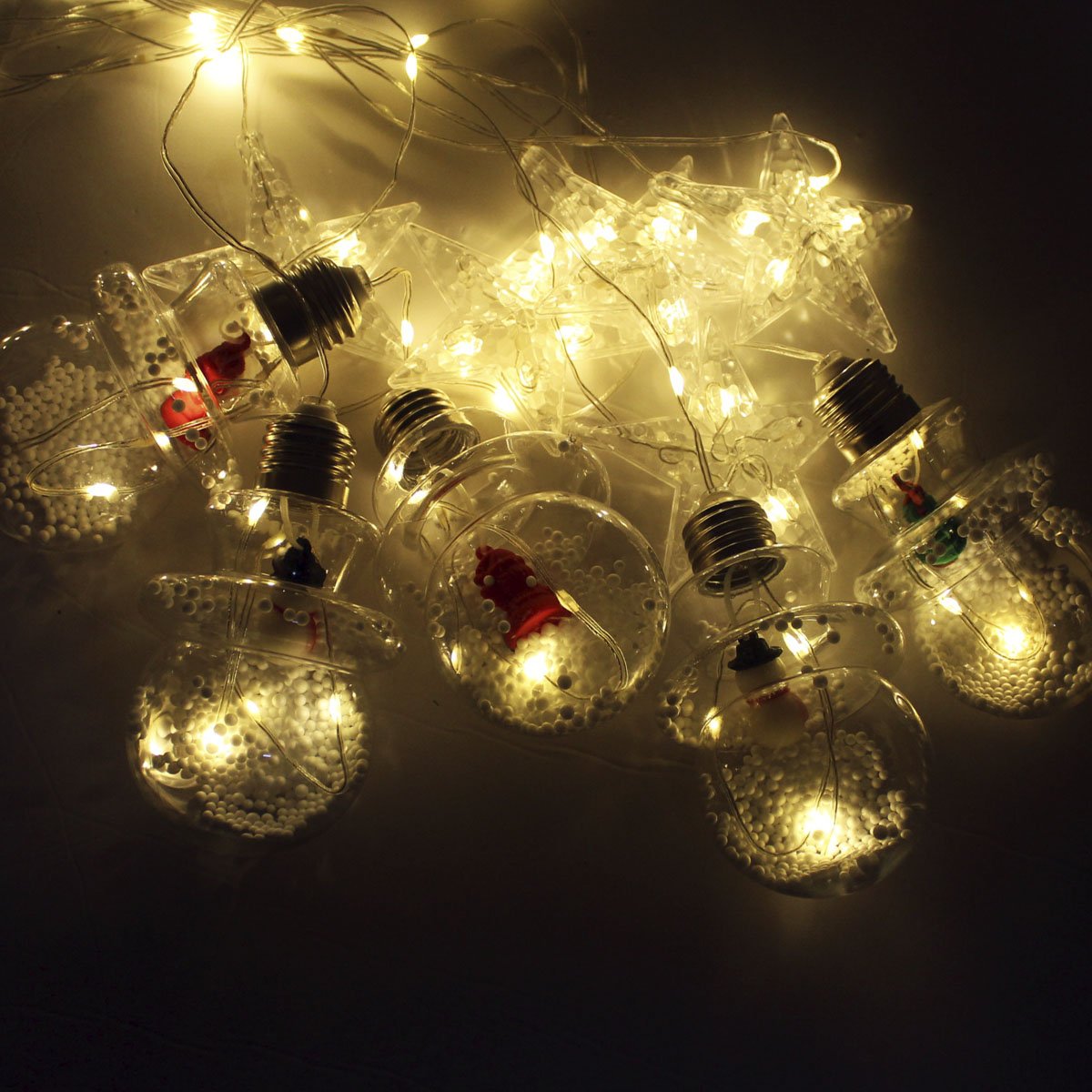 Varal Pisca Decoração Bolas E Estrelas Natal LEDs Amarelo 3m