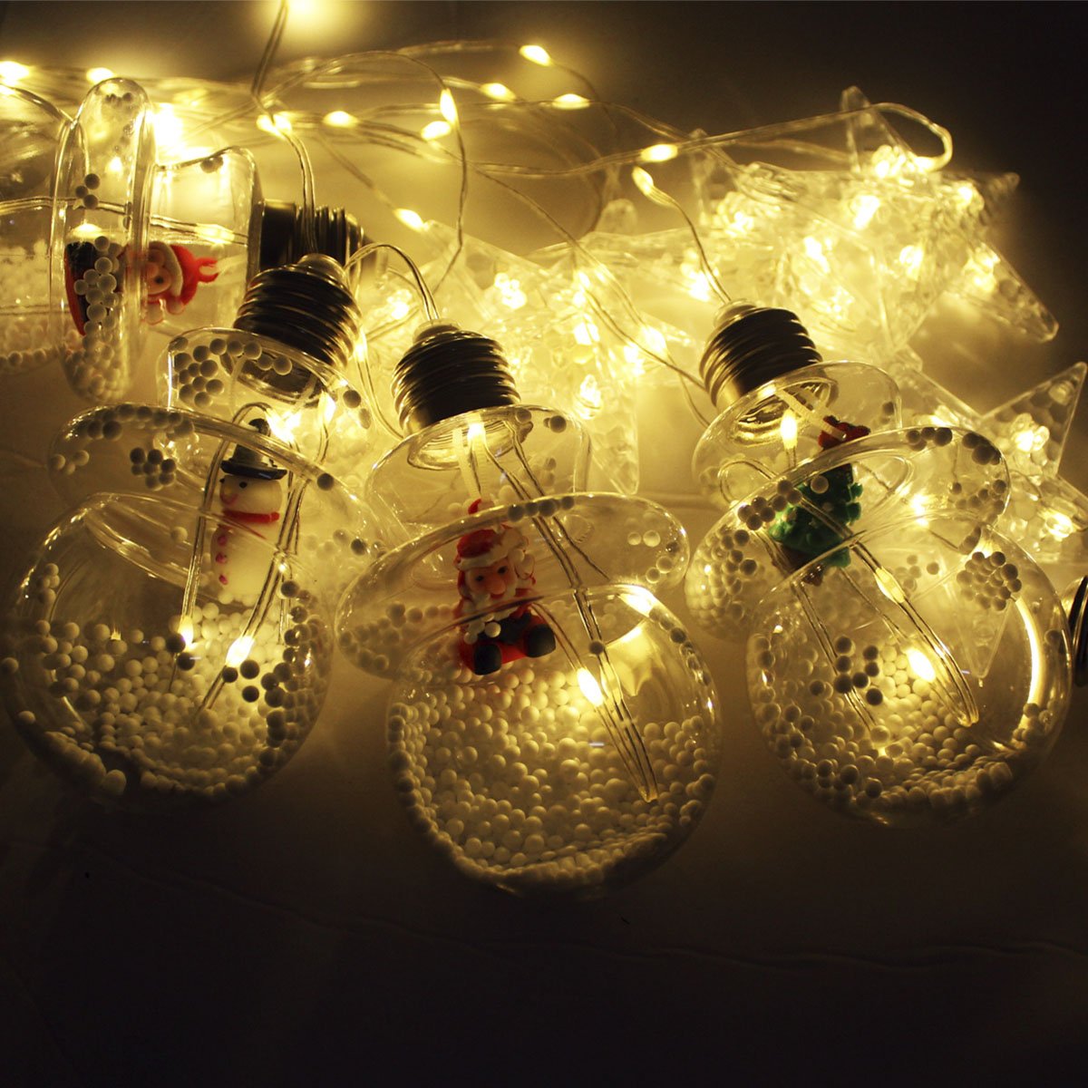 Varal Pisca Decoração Bolas E Estrelas Natal LEDs Amarelo 3m