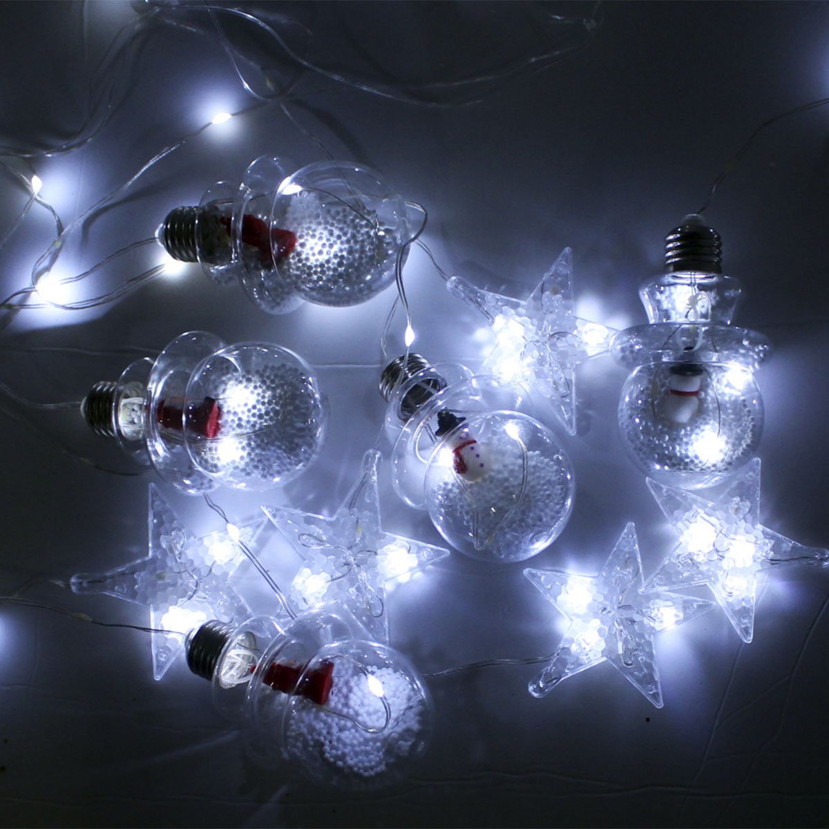 Varal Pisca Decoração Bolas E Estrelas Natal LEDs Branco 3m