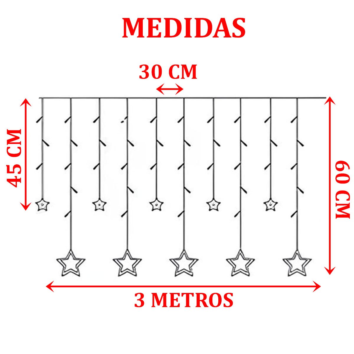 Varal Pisca LEDs Decoração Estrelas Natal Noel Amarelo De 3M