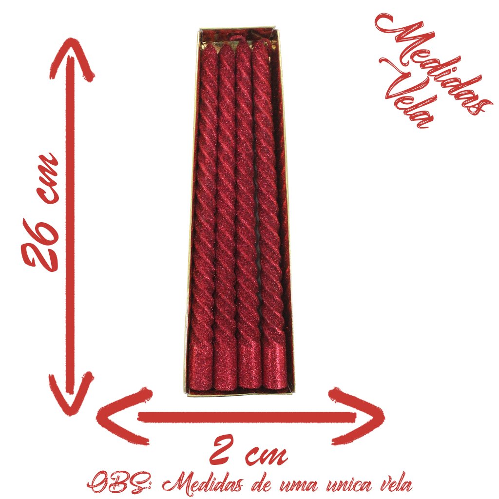 Velas De Natal Decorativa Com Glitter Vermelha 4 Unidade 26cm
