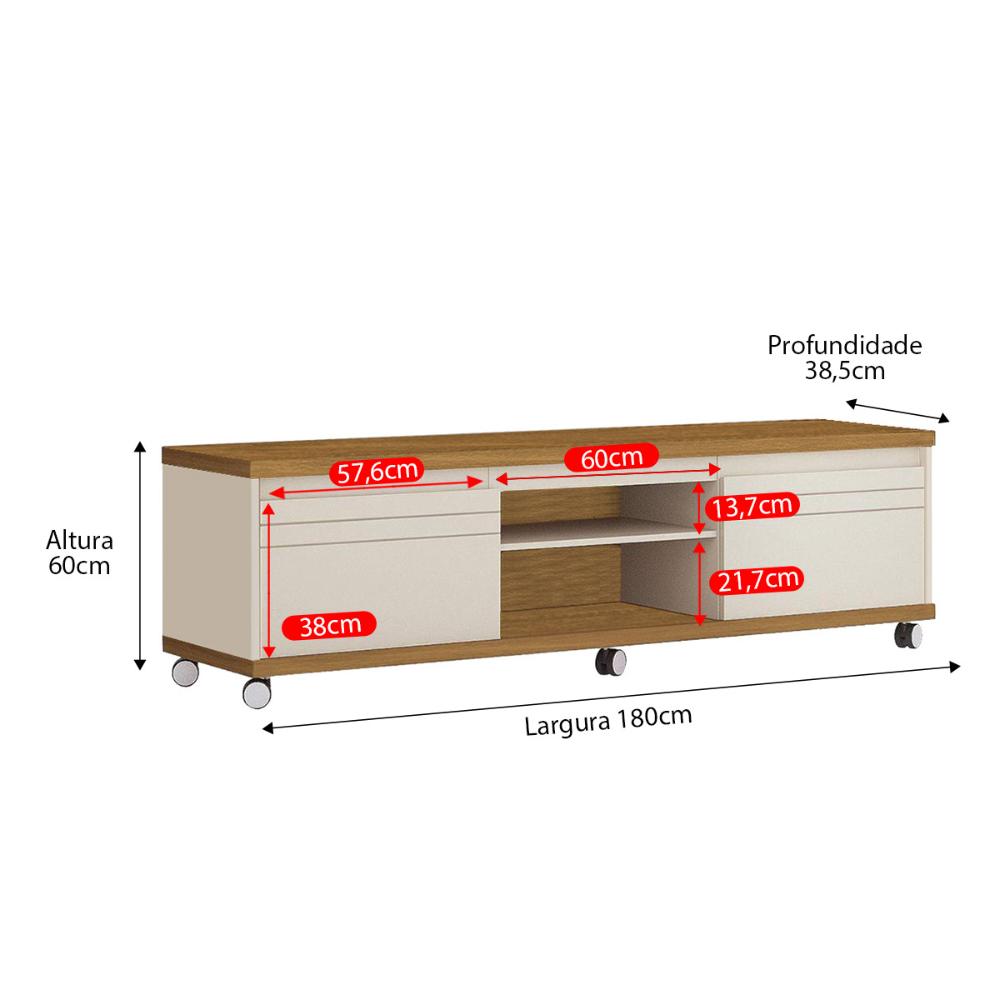 Rack Grande 1.8 Bancada com Rodinhas TV 40 42 48 50 55 60 65 70 Polegadas Porta Sala Quarto – Mirage – Off White/Cumaru- RPM Móveis