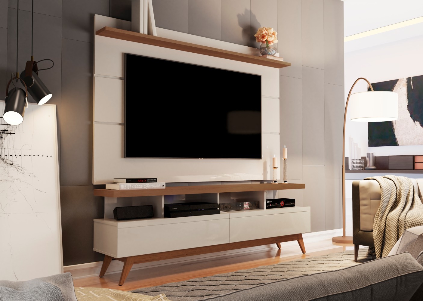 Rack e Painel para TV Hamal 1.6 Off White Freijó