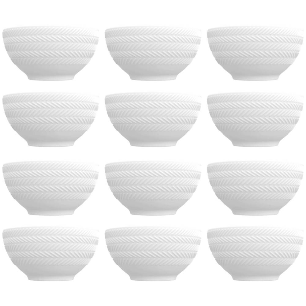12 Bowls de Porcelana Germer 400ml Branco com Relevo Chevron Cumbuca para Petiscos Caldos Sobremesas