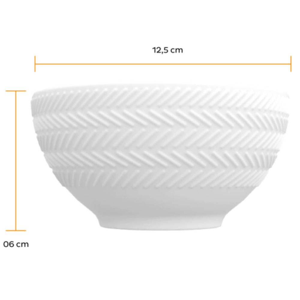 12 Bowls de Porcelana Germer 400ml Branco com Relevo Chevron Cumbuca para Petiscos Caldos Sobremesas