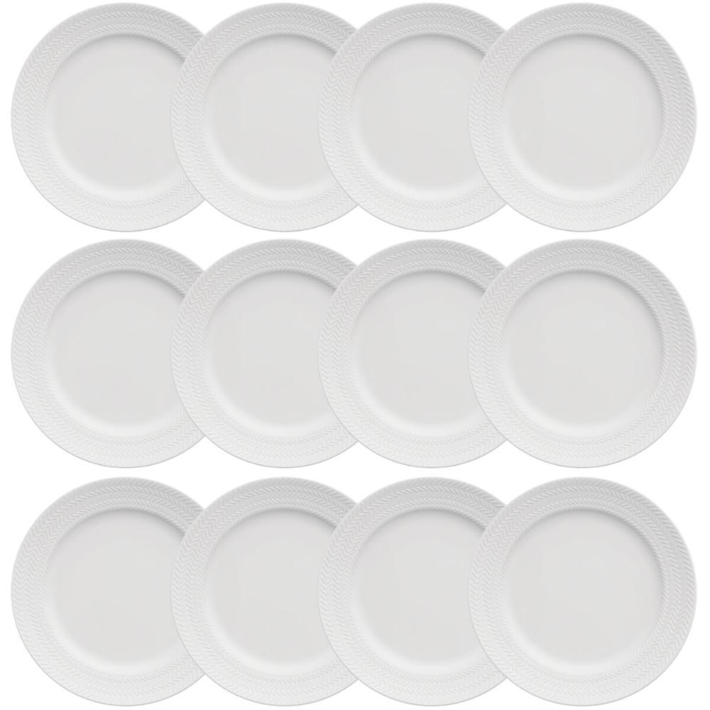 12 Pratos Rasos 26,5cm Porcelana Germer Chevron Branco Redondo Mesa Posta