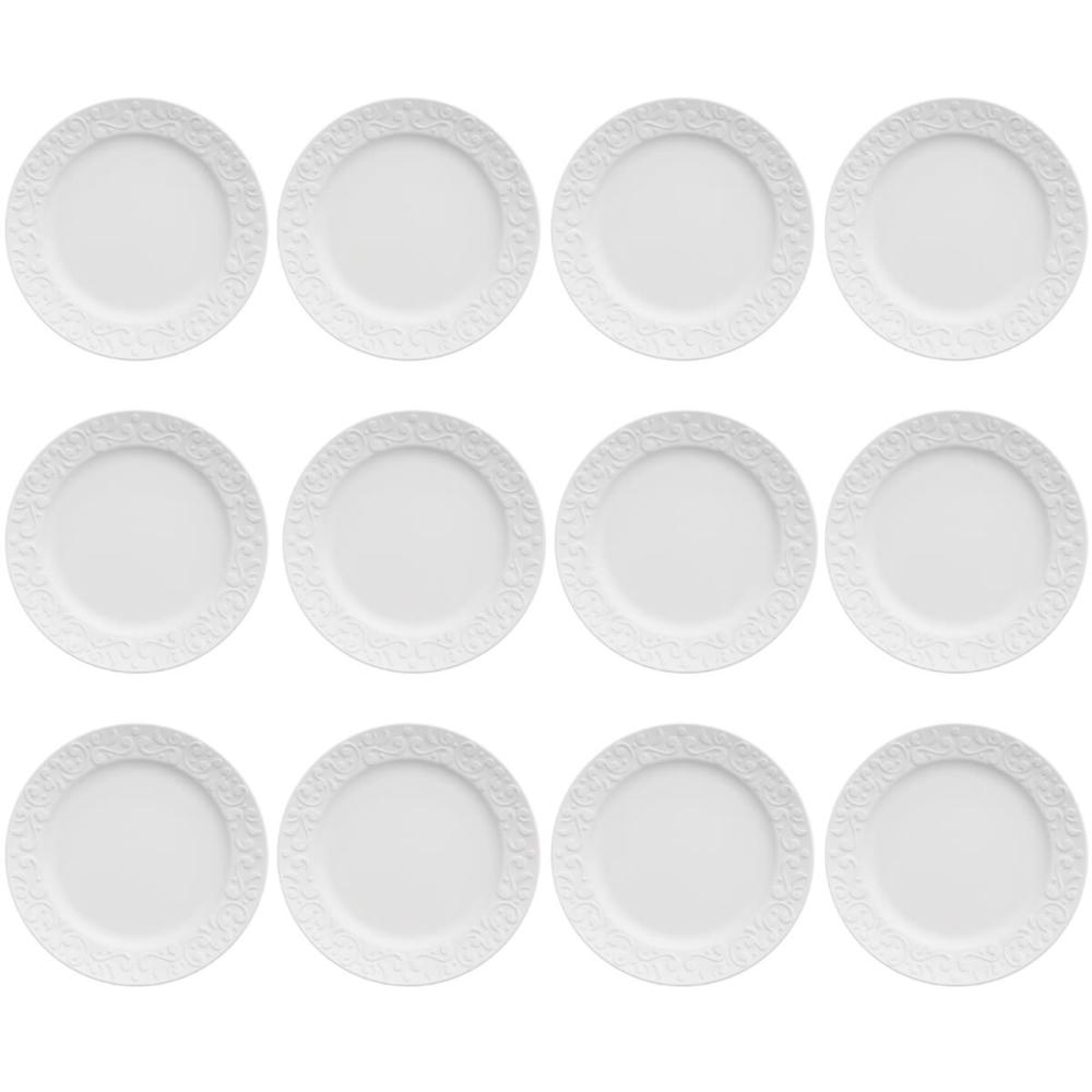 12 Pratos de Sobremesa 20,5cm Porcelana Tassel Germer Branco Redondo Mesa Posta