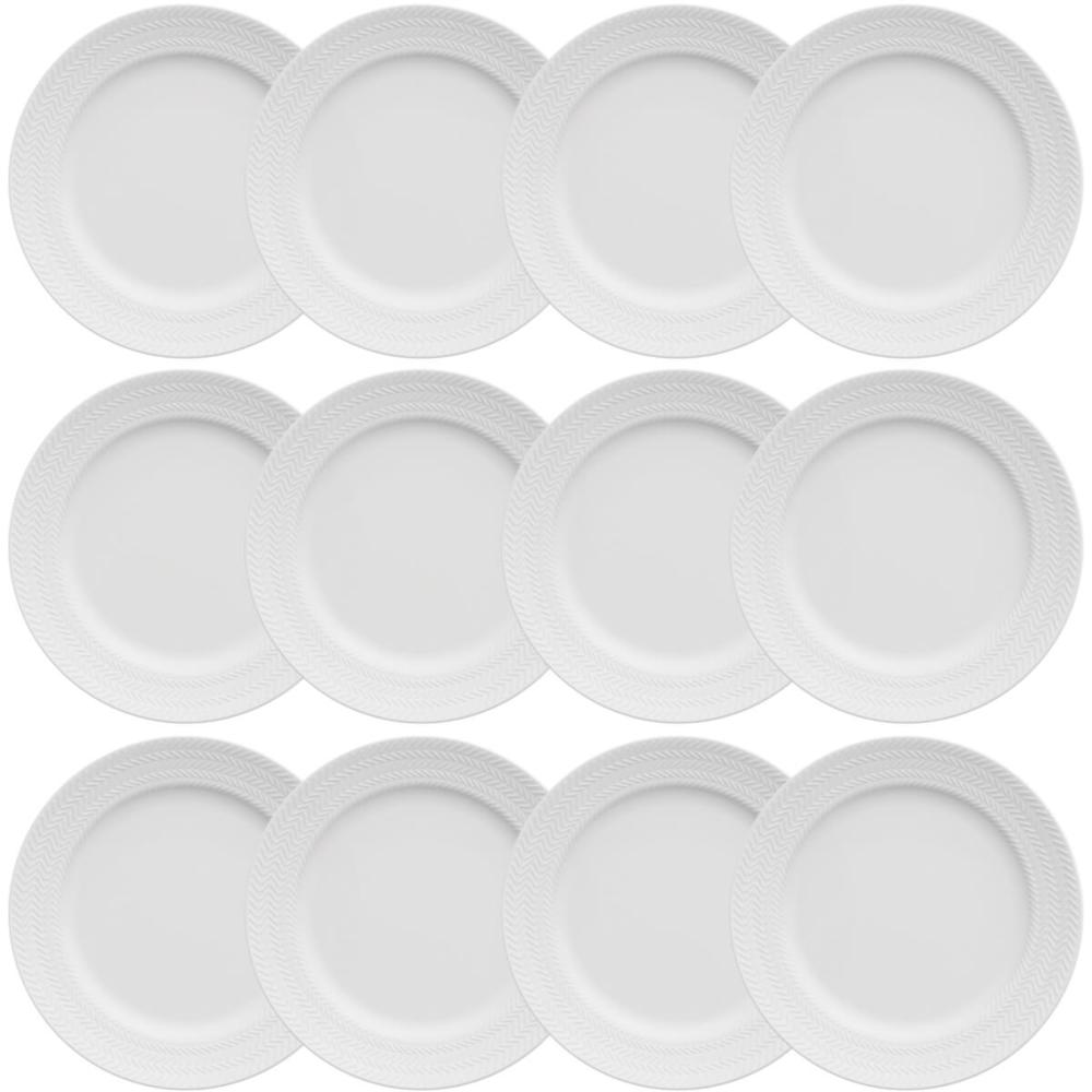 12 Pratos de Sobremesa 21cm Porcelana Relevo Chevron Germer Redondo Branco