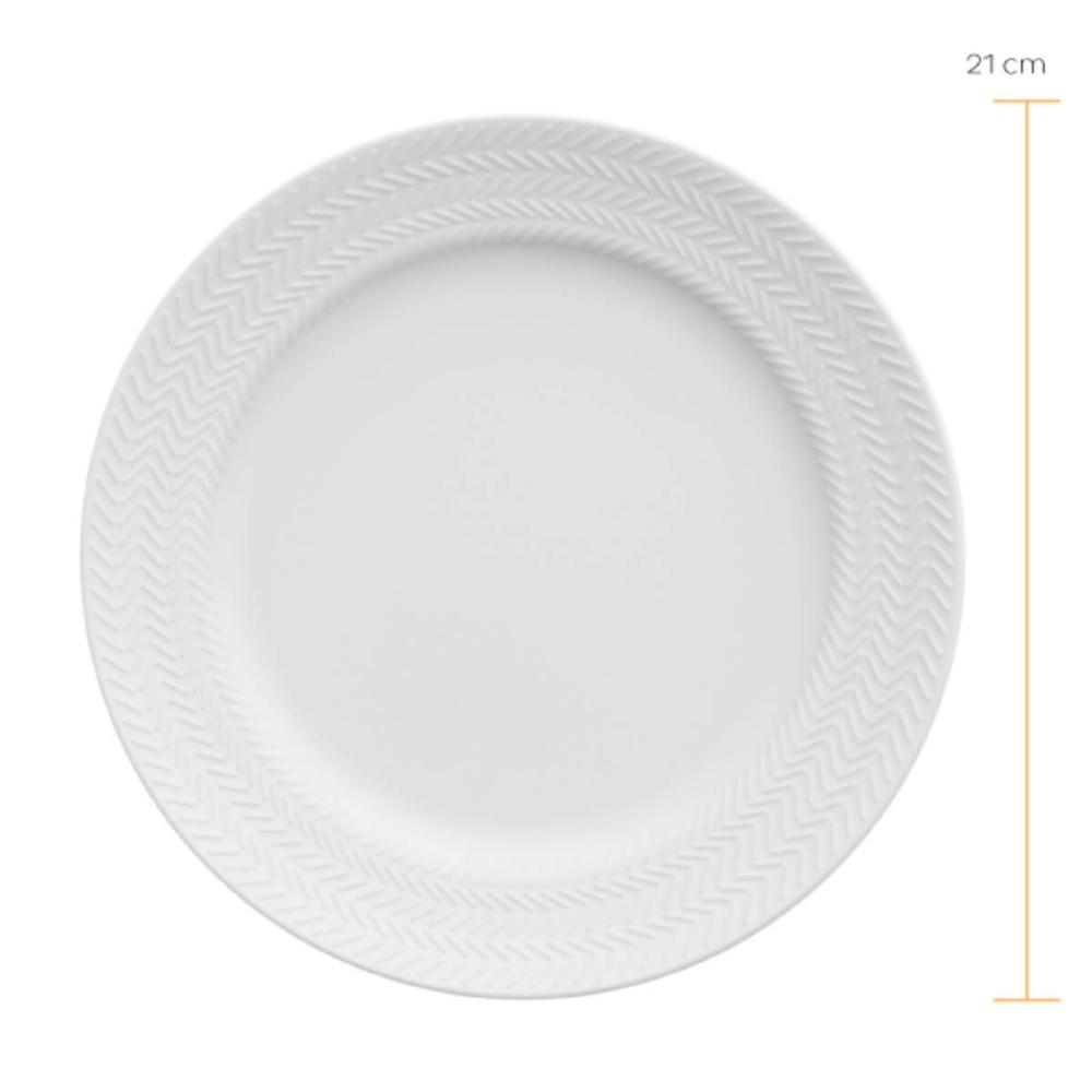 12 Pratos de Sobremesa 21cm Porcelana Relevo Chevron Germer Redondo Branco