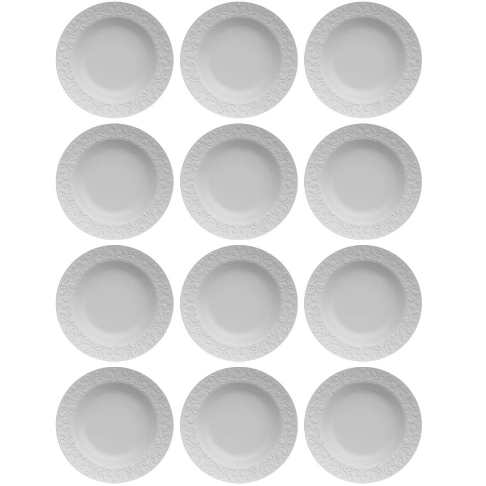 Jogo 12 Pratos Fundos Redondos 23,5cm em Porcelana com Relev