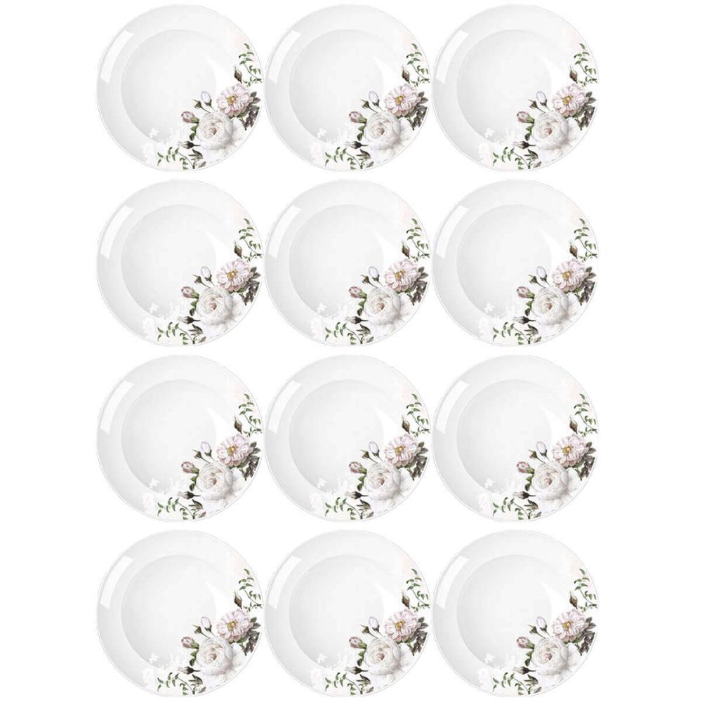 Jogo 12 Pratos Fundos Redondos 23cm Garden em Porcelana com