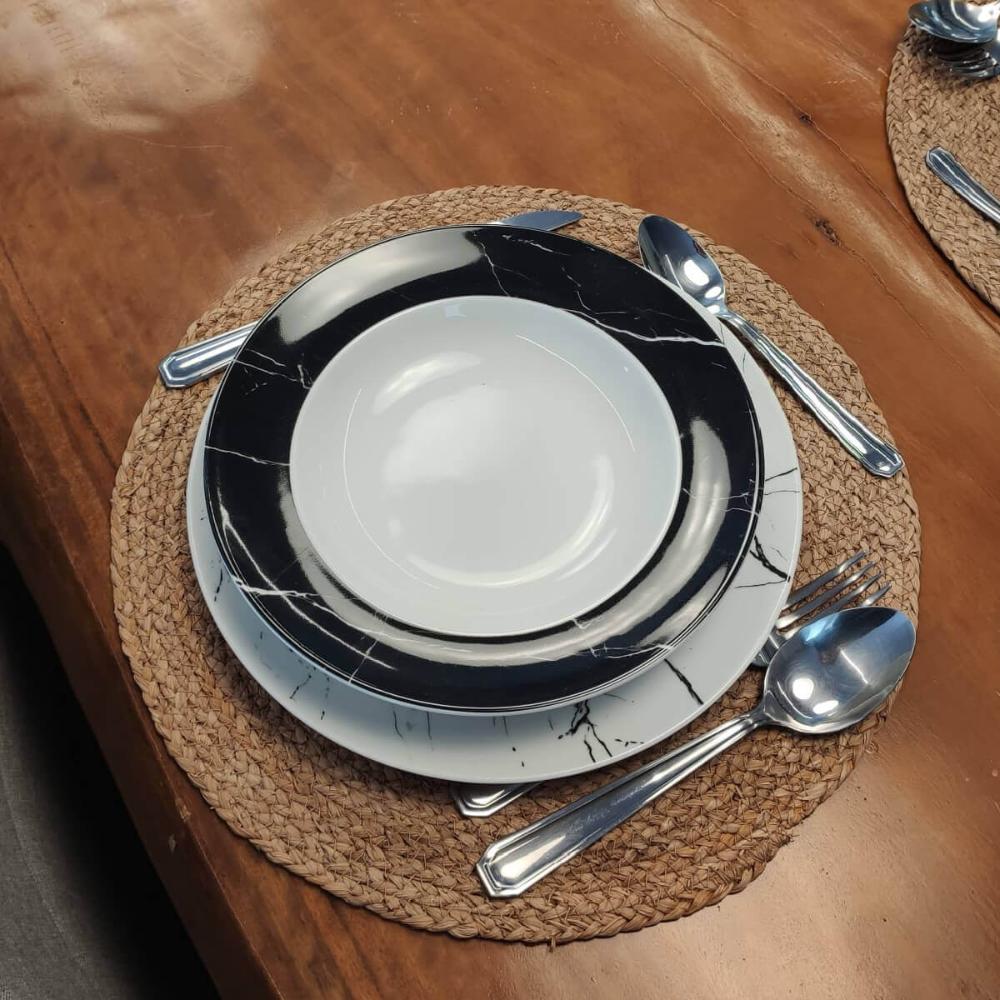 Jogo 12 Pratos Fundos em Porcelana com Estampa Mármore Preto