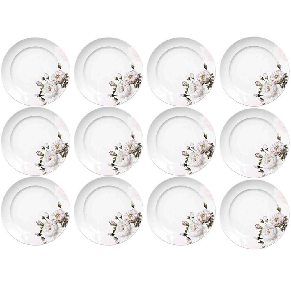 Jogo 12 Pratos Porcelana Rasos Redondos 27cm Garden Estampa