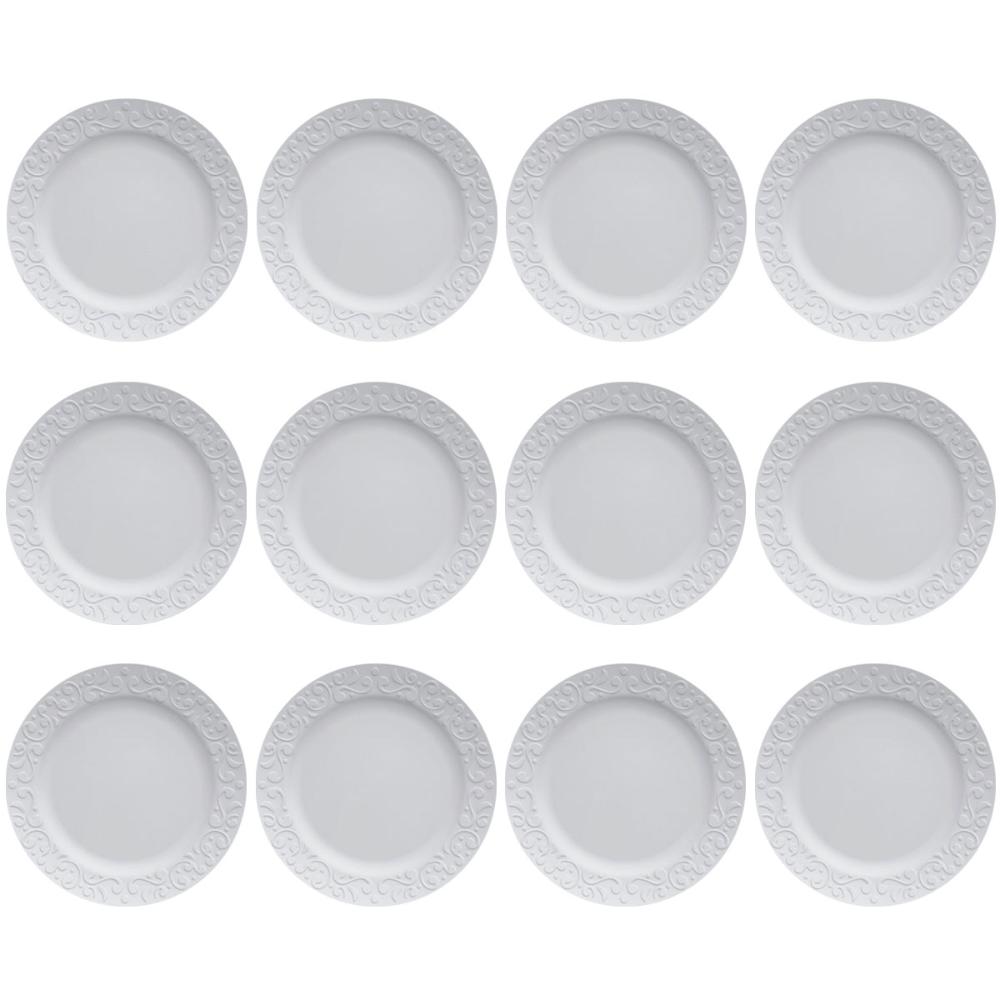 Jogo 12 Pratos Rasos Redondos 26,5cm em Porcelana com Relevo Tassel Germer Branco