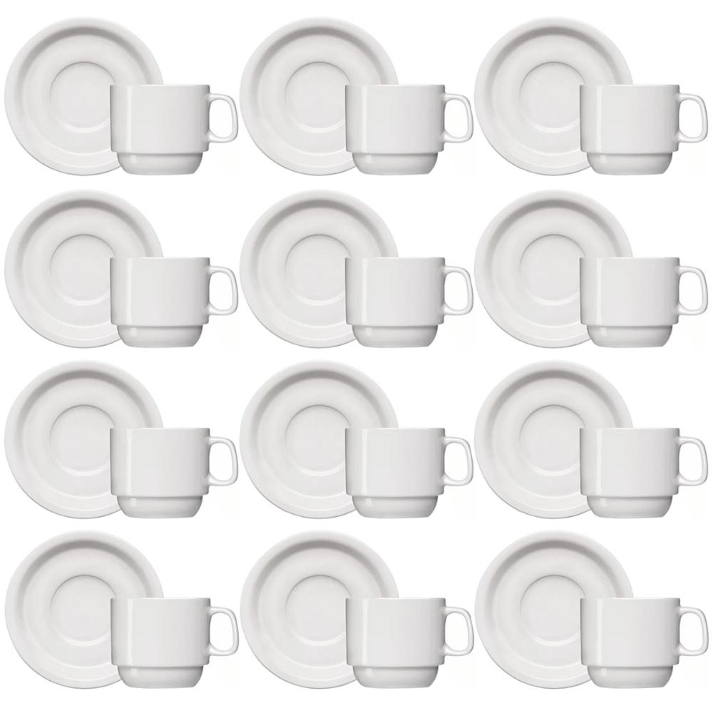 Jogo 12 Xícaras de Café com Pires de Porcelana 65ml Classe Única Iguaçu Germer Branco