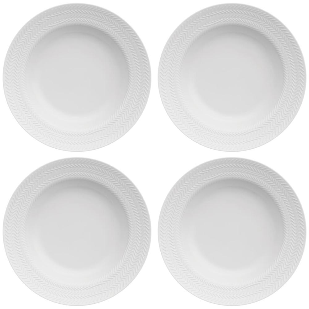 Jogo 4 Pratos Fundos 23,5cm Porcelana Germer Relevo Chevron Brancos Redondos