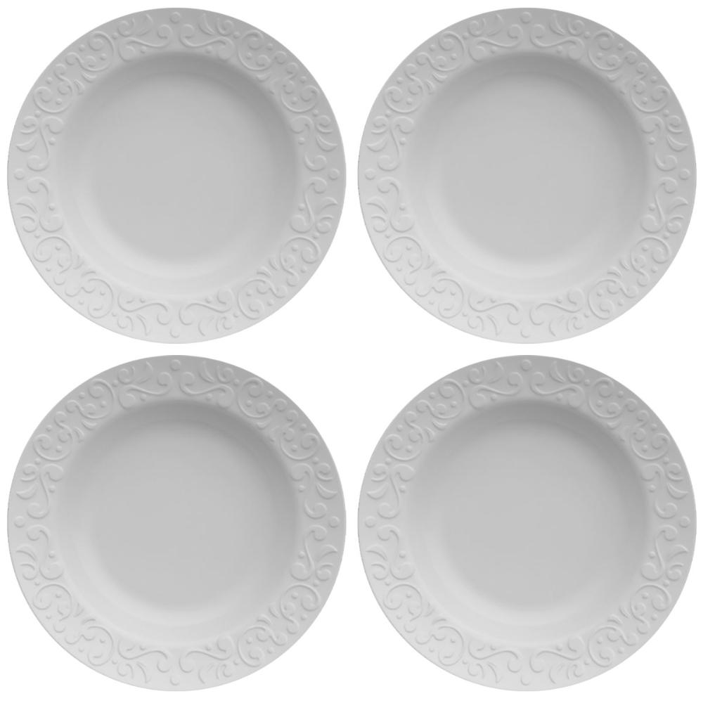 Jogo 4 Pratos Fundos Redondos 23,5cm em Porcelana com Relevo