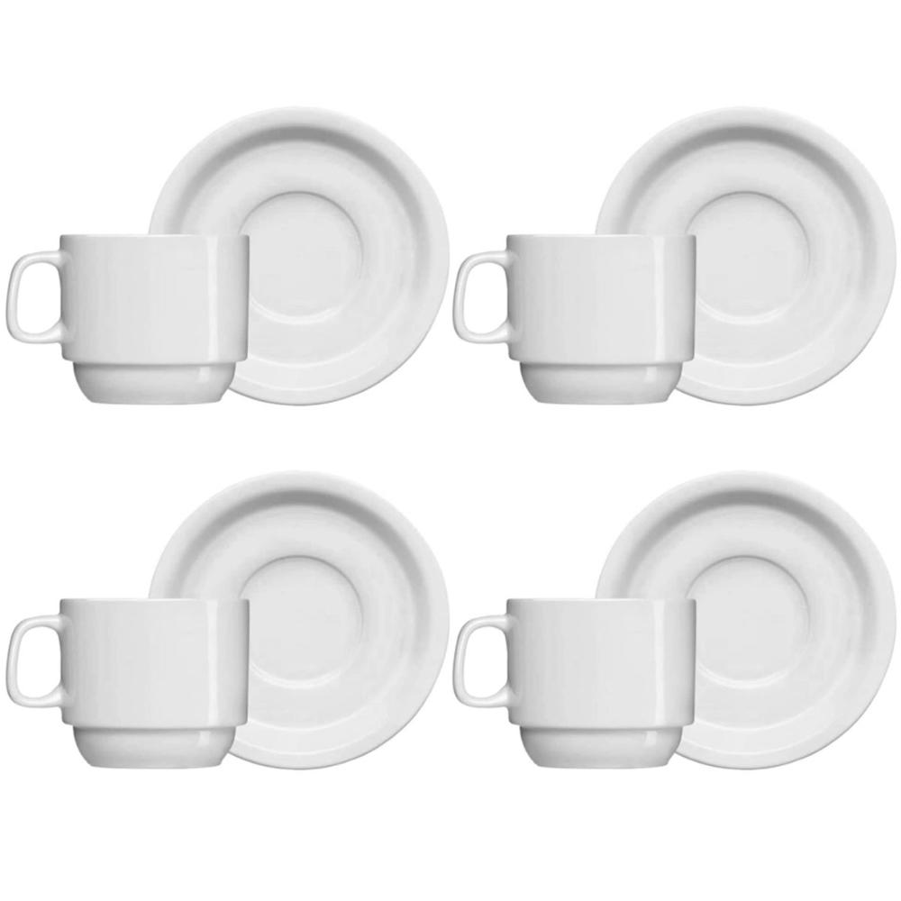 Jogo 4 Xícaras de Chá com Pires de Porcelana 215ml Classe Única Iguaçu Germer Branco