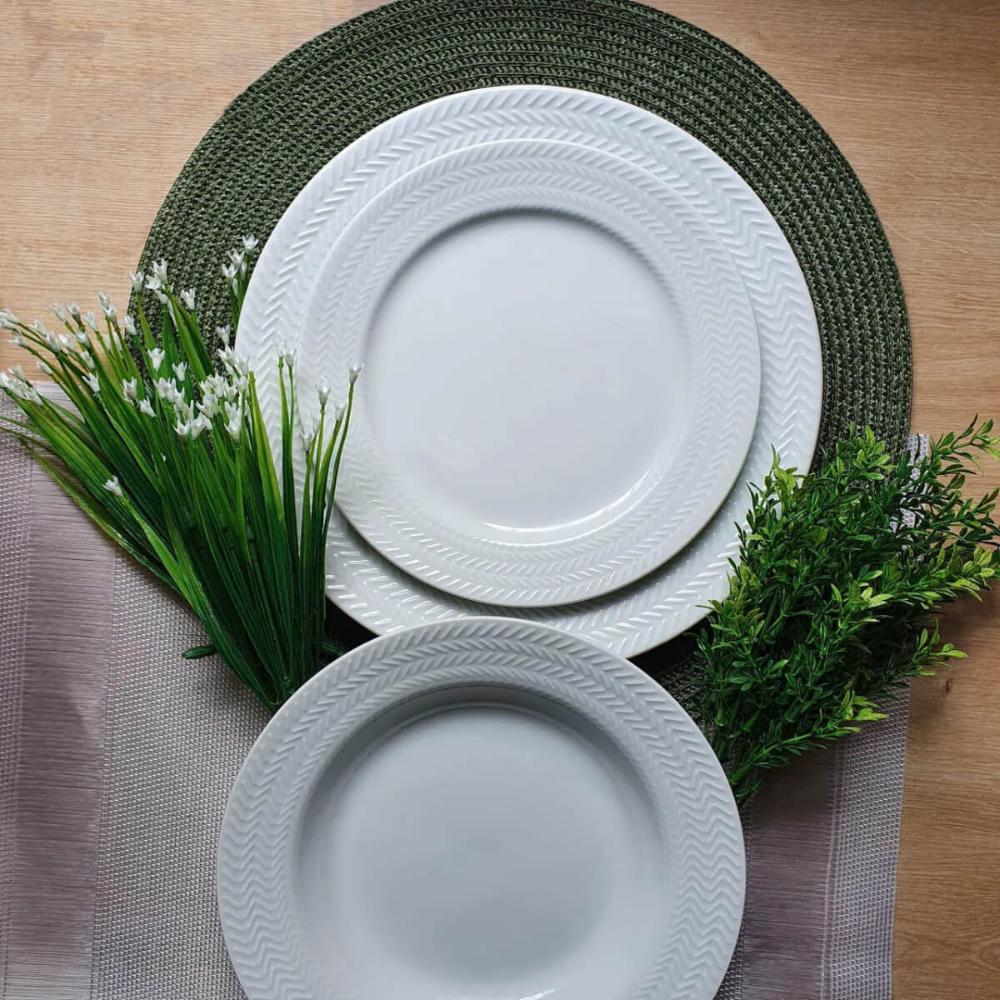 Jogo 6 Pratos Fundos Redondos 23,5cm Porcelana Relevo Germer Branco Mesa Posta