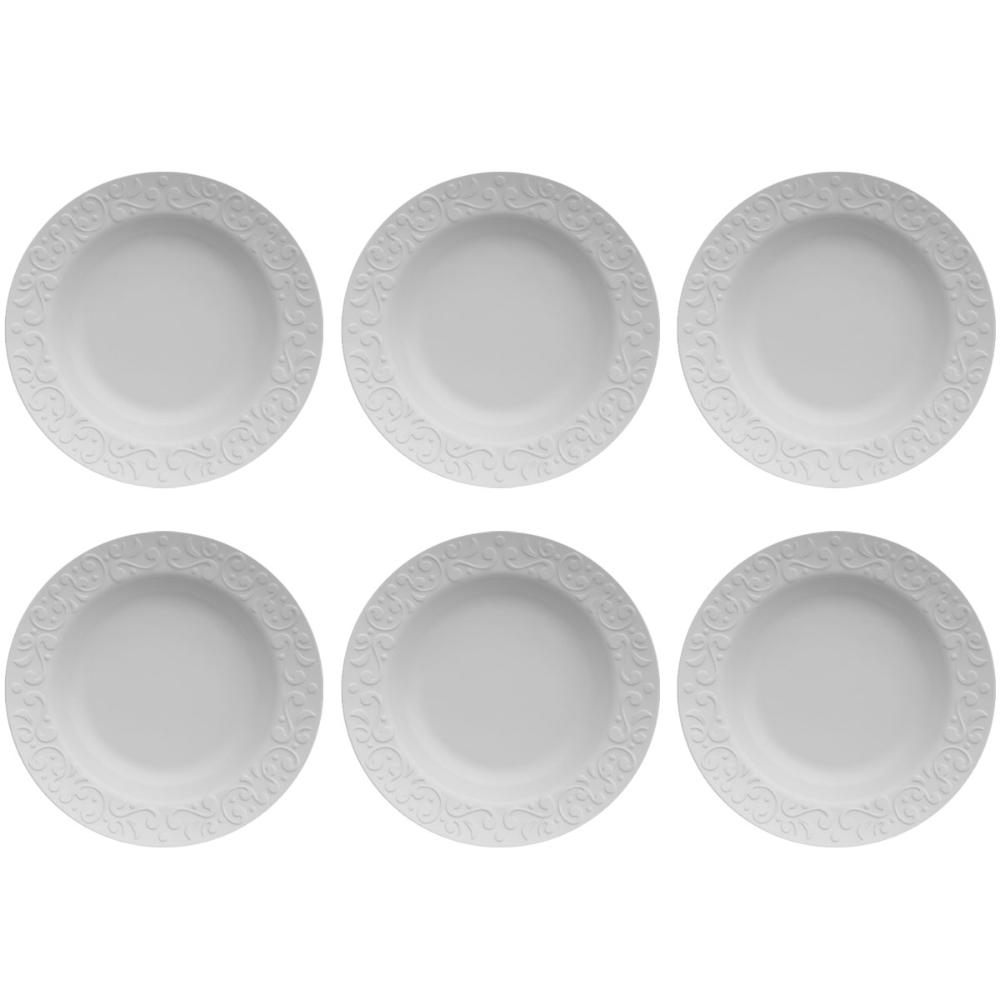 Jogo 6 Pratos Fundos Redondos 23,5cm em Porcelana com Relevo
