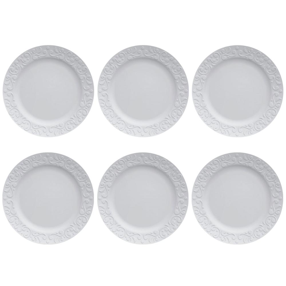 Jogo 6 Pratos Rasos Redondos 26,5cm em Porcelana com Relevo Tassel Germer Branco