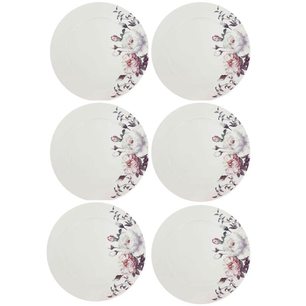 Jogo 6 Pratos Rasos de Porcelana Germer Branco Garden com Es