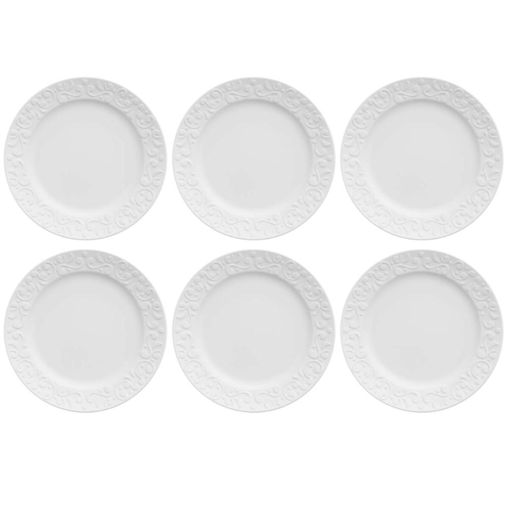 Jogo 6 Pratos de Sobremesa em Porcelana 20,5cm Tassel Germer Branco Redondo