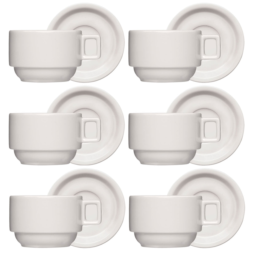 Jogo 6 Xícaras Porcelana Branca Café Chá com Pires 210ml Bar Hotel Germer