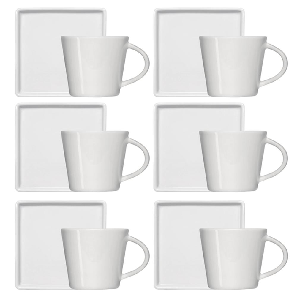 Jogo 6 Xícaras de Café 90ml em Porcelana com Píres Quadrado