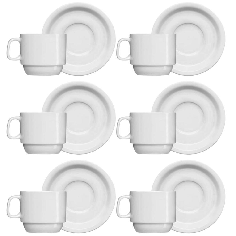 Jogo 6 Xícaras de Chá com Pires de Porcelana 215ml Classe Única Iguaçu Germer Branco