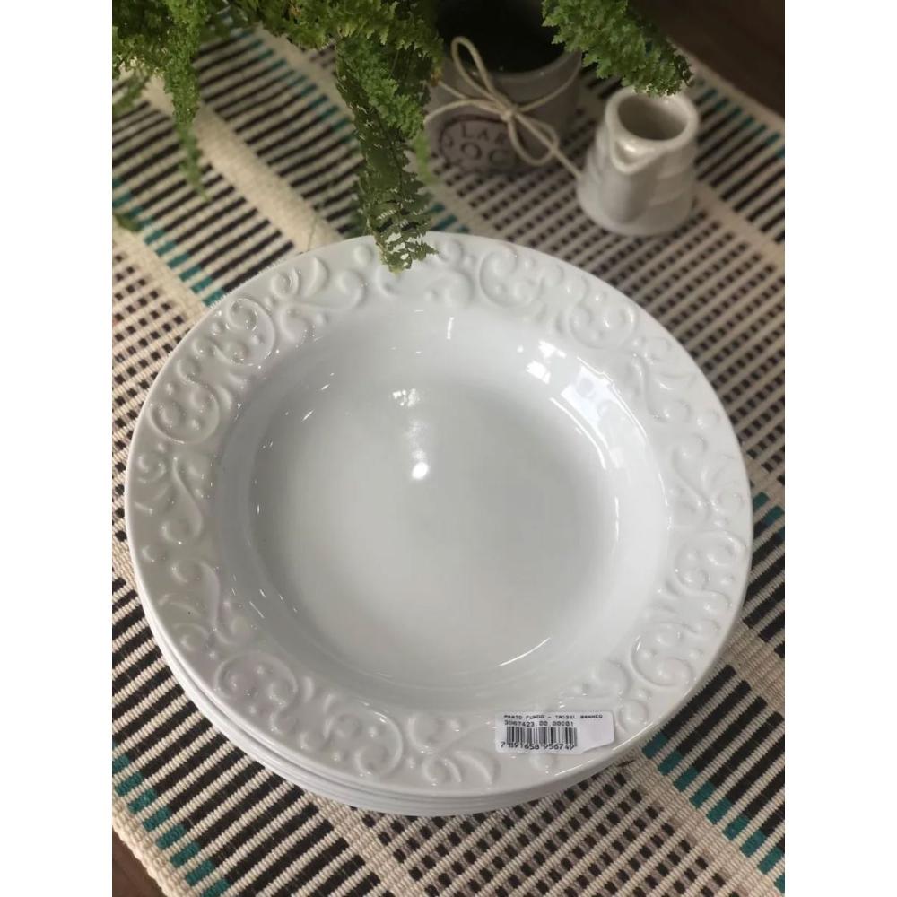 Prato Fundo Redondo 23,5cm em Porcelana com Relevo Tassel Germer Branco