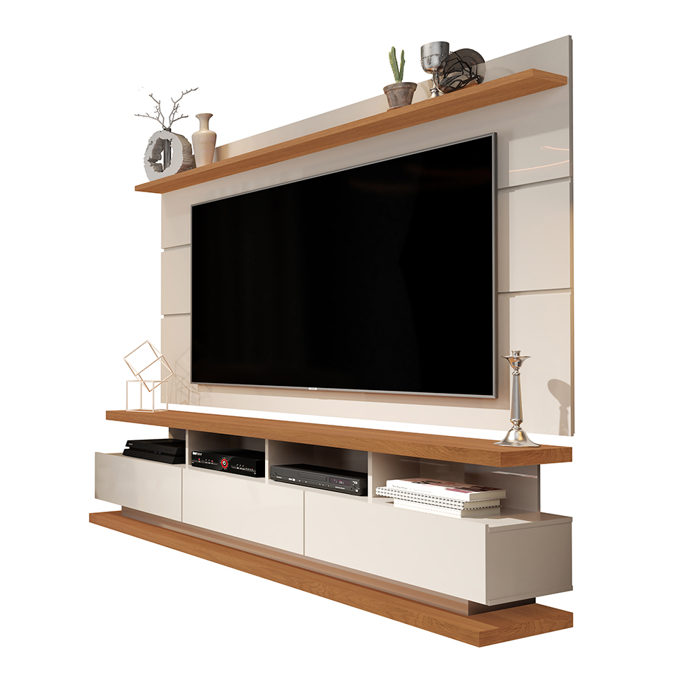 Rack com Painel para TV até 72 Polegadas Vivare I Off White e Nature 180 cm