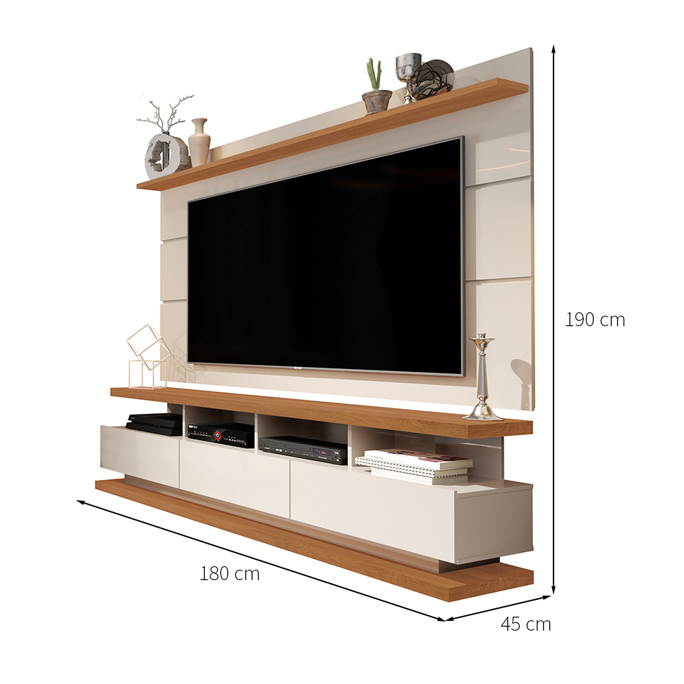 Rack com Painel para TV até 72 Polegadas Vivare I Off White e Nature 180 cm
