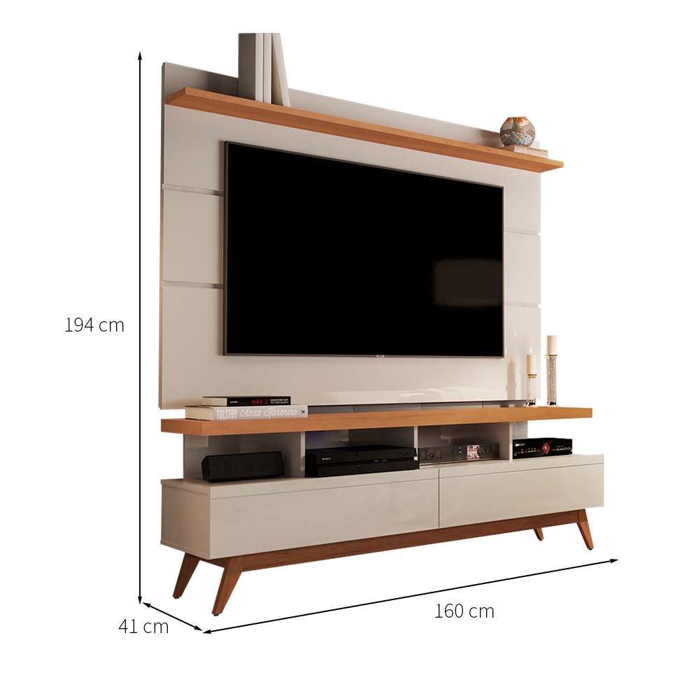 Rack com Painel para TV até 72 Polegadas Vivare Off White e Nature 160 cm
