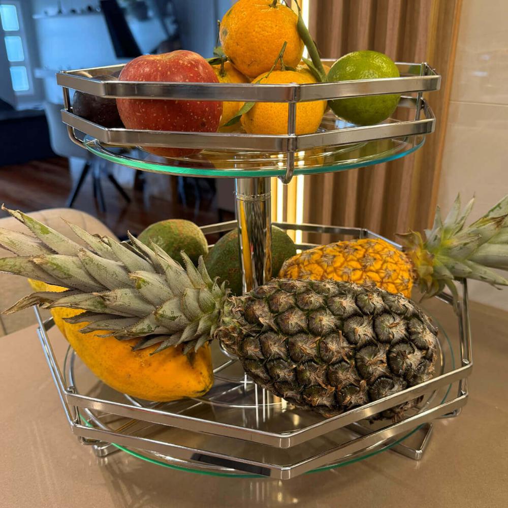 Fruteira Dupla Sextavada de Mesa com Vidro Cromada Giosul Piatina Bancada 2 Andares