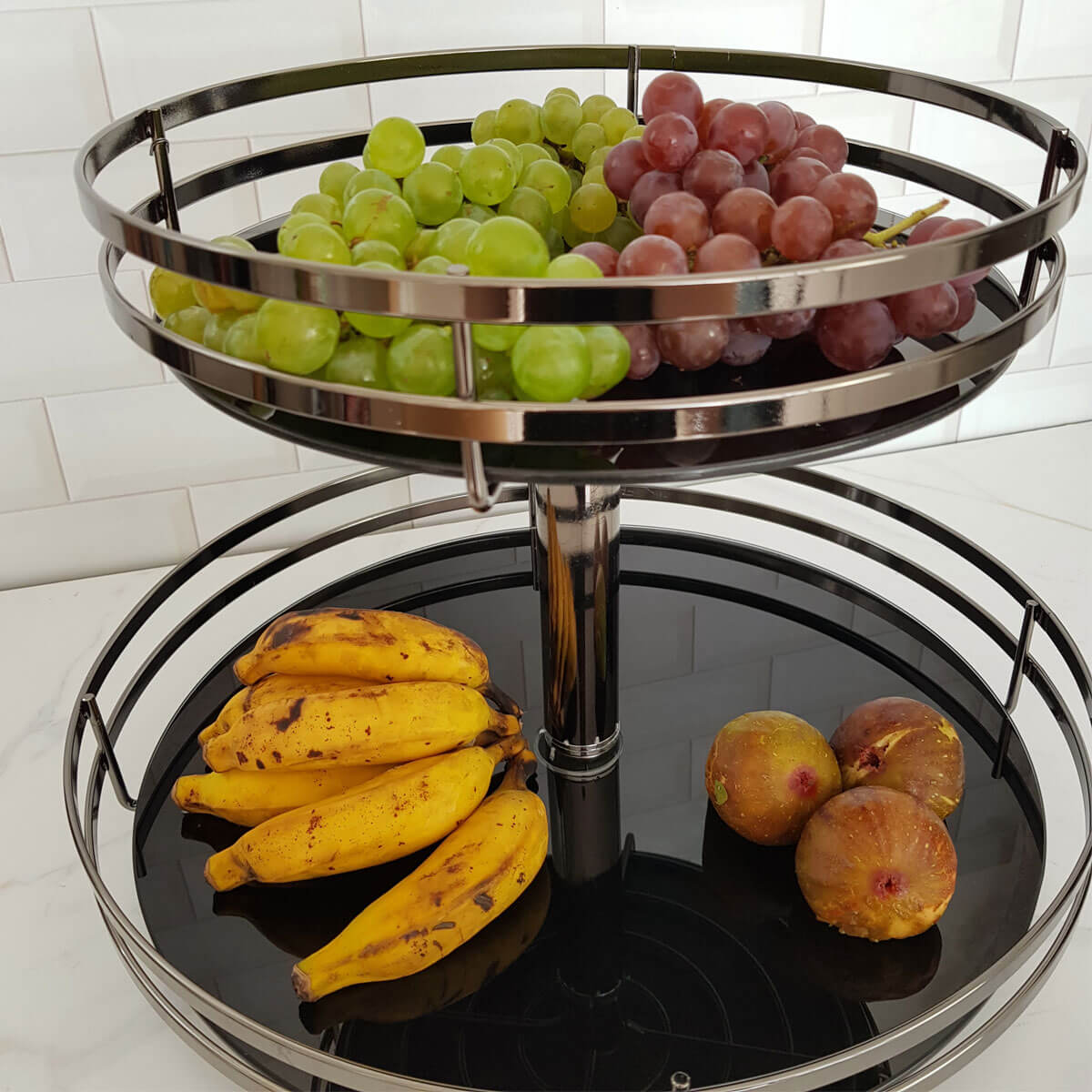 Fruteira de Mesa Dupla Redonda com Vidro Giratória para Bancada Giosul Aço Carbono Onix