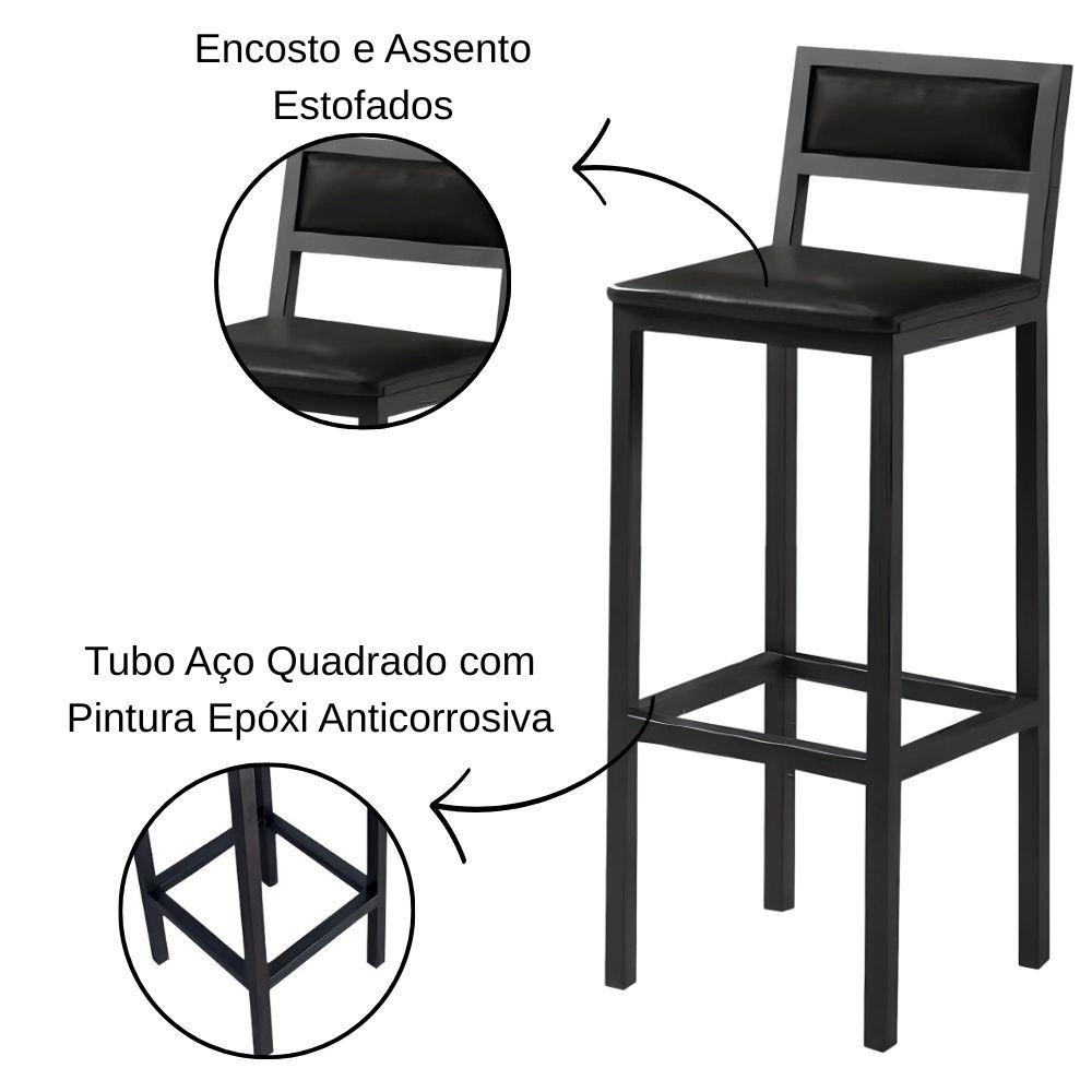 Banqueta Florença Couro Preto em Metal Preto