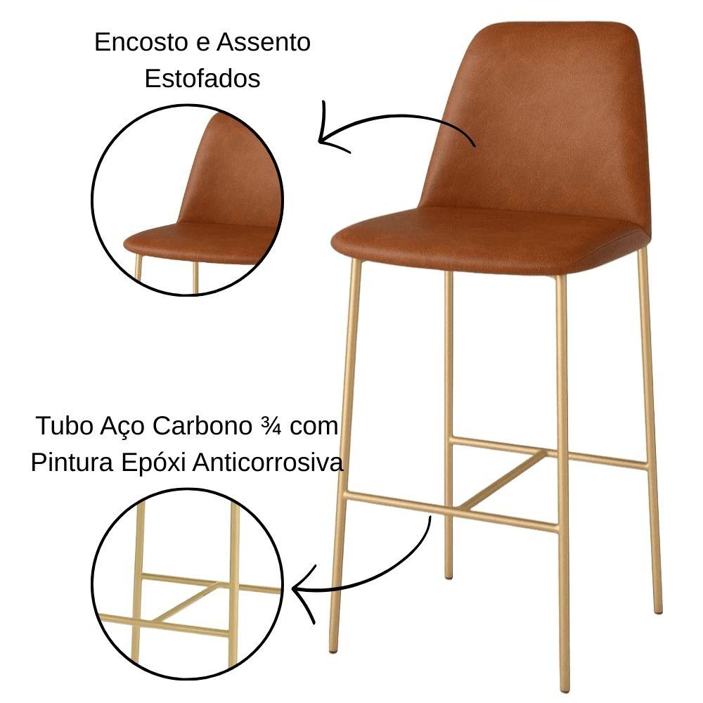 Banqueta Turquia Couro Caramelo em Metal Dourado